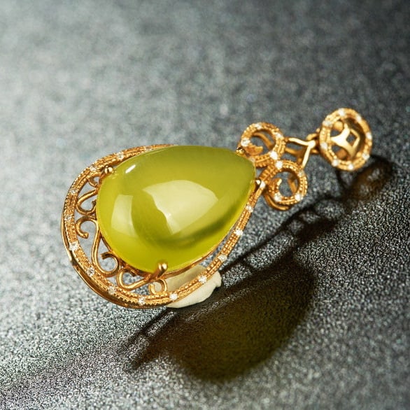 14k Gold 11.4 Ct Natural Prehnite & Diamond Pendant( Without Chain ) - 7