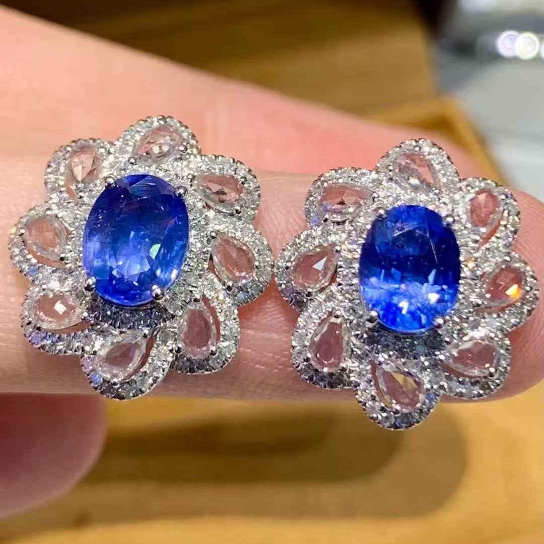 14k Gold 2.4 Ct Natural Sapphire & Diamond Earrings - 4