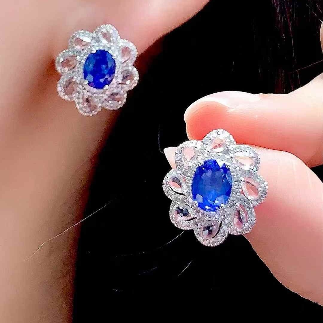 14k Gold 2.4 Ct Natural Sapphire & Diamond Earrings - 5