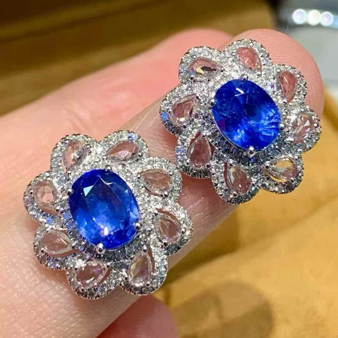 14k Gold 2.4 Ct Natural Sapphire & Diamond Earrings - 6