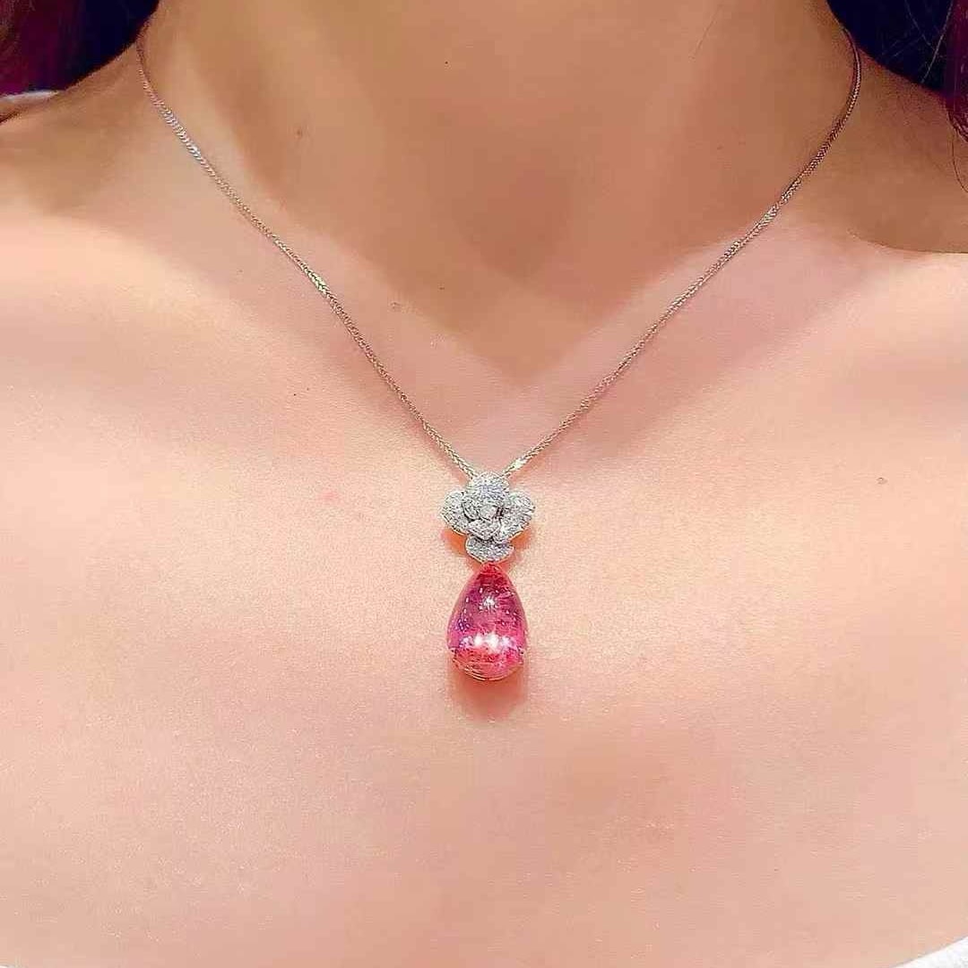 14k Gold 6.8 Ct Natural Tourmaline & Diamond Pendant( Without Chain ) - 4