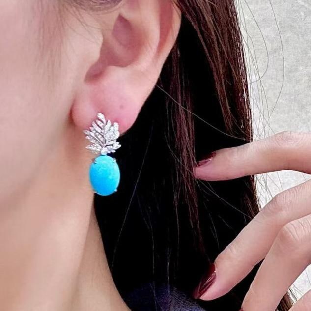 14k Gold 11.01 Ctw Natural Blue Turquoise & Diamond Earrings - 2