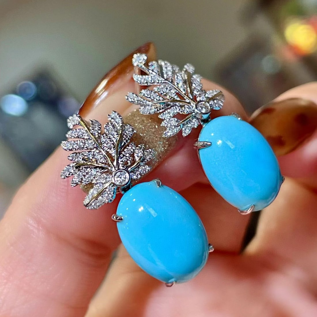 14k Gold 11.01 Ctw Natural Blue Turquoise & Diamond Earrings - 3