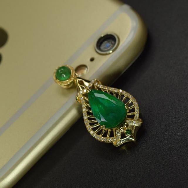 14k Gold 3.28 Ctw Natural Emerald & Tsavorite Pendant( Without Chain ) - 3