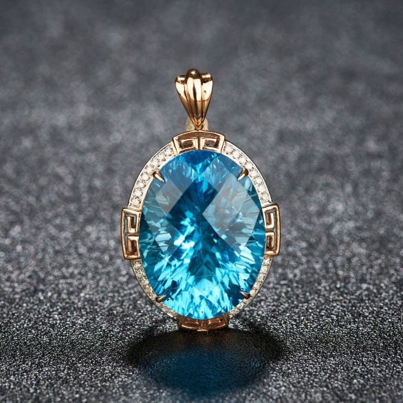 14k Gold 18.52 Ct Natural Topaz & Diamond Pendant( Without Chain ): Ref:231109126 // gold content:14k gold // main gemstone:topaz // shape:oval // carat weight:18. 52ct // color:blue // treatment:natural // // adjacent gemstone 2 : diamond // number of stones:32 // sh