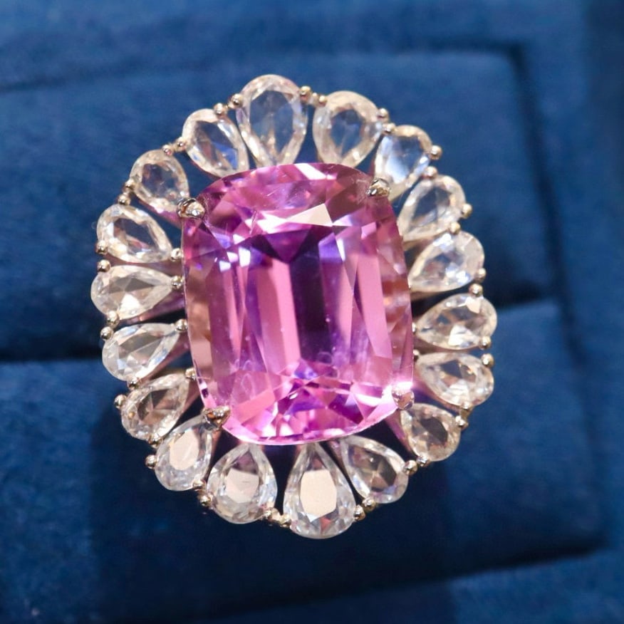 14k Gold 20.03 Ctw Natural Kunzite & Sapphire Ring - 7