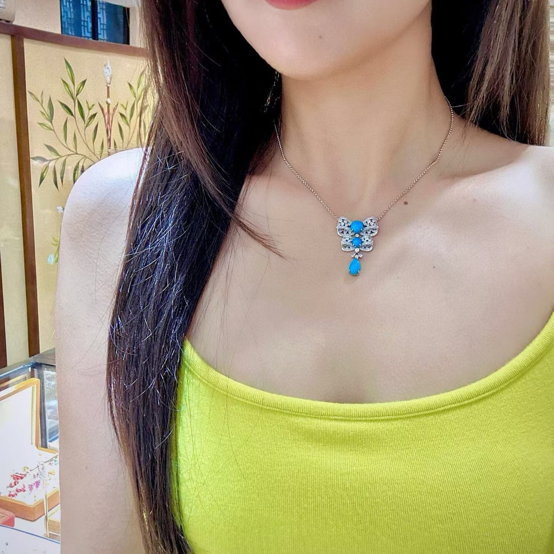 14k Gold 4.19 Ctw Natural Blue Turquoise & Diamond Necklace - 4