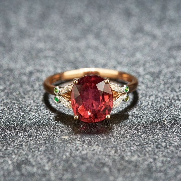 14k Gold 2.8 Ct Natural Tourmaline & Diamond & Tsavorite Ring - 2