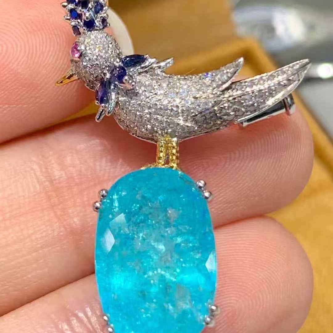 14k Gold 5.62 Ct Natural Paraiba Tourmaline & Diamond Brooch/pendant( Without Chain ) - 2