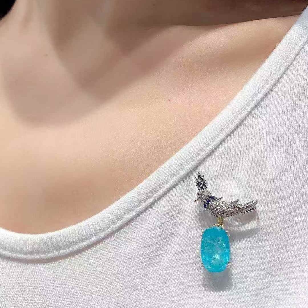 14k Gold 5.62 Ct Natural Paraiba Tourmaline & Diamond Brooch/pendant( Without Chain ) - 4