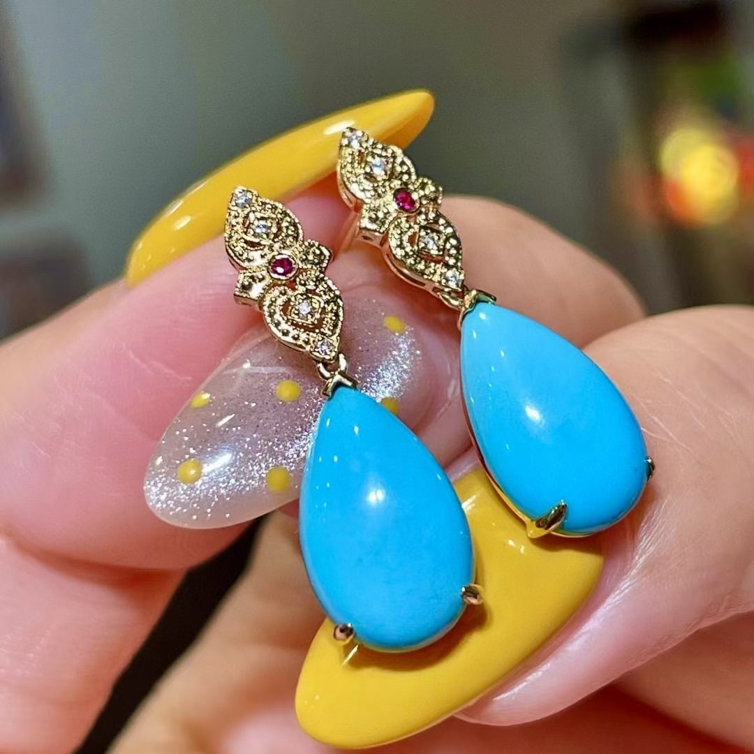 14k Gold 5.68 Ct Natural Blue Turquoise & Diamond & Ruby Earrings - 2