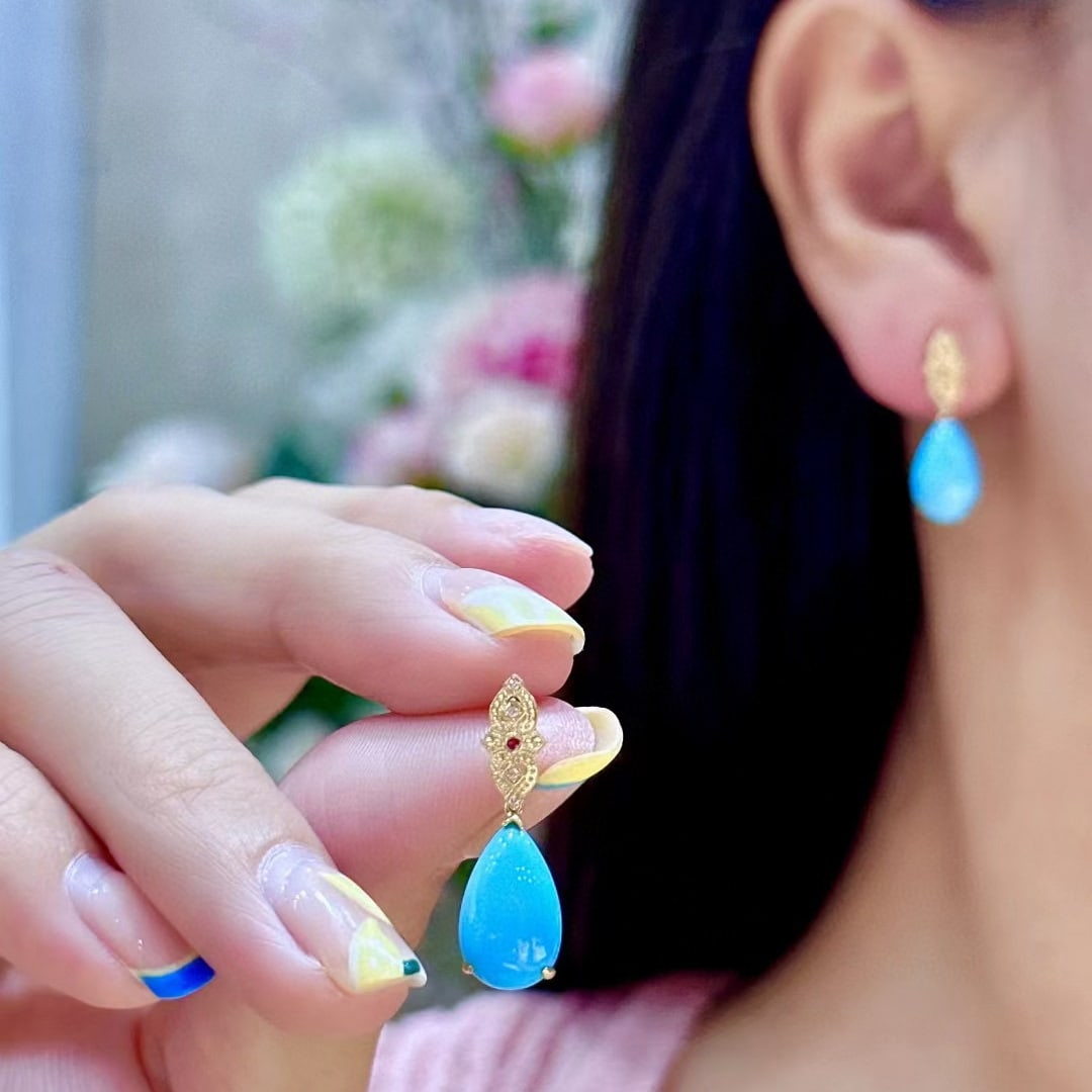 14k Gold 5.68 Ct Natural Blue Turquoise & Diamond & Ruby Earrings - 4