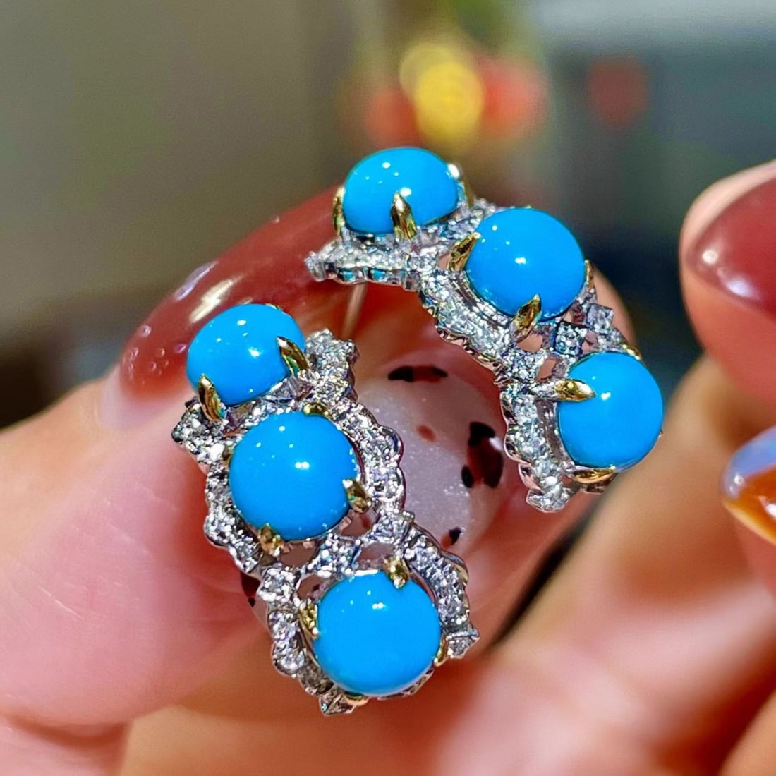 14k Gold 3.54 Ctw Natural Blue Turquoise & Diamond Earrings - 2