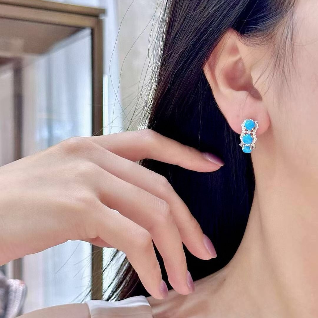 14k Gold 3.54 Ctw Natural Blue Turquoise & Diamond Earrings - 4