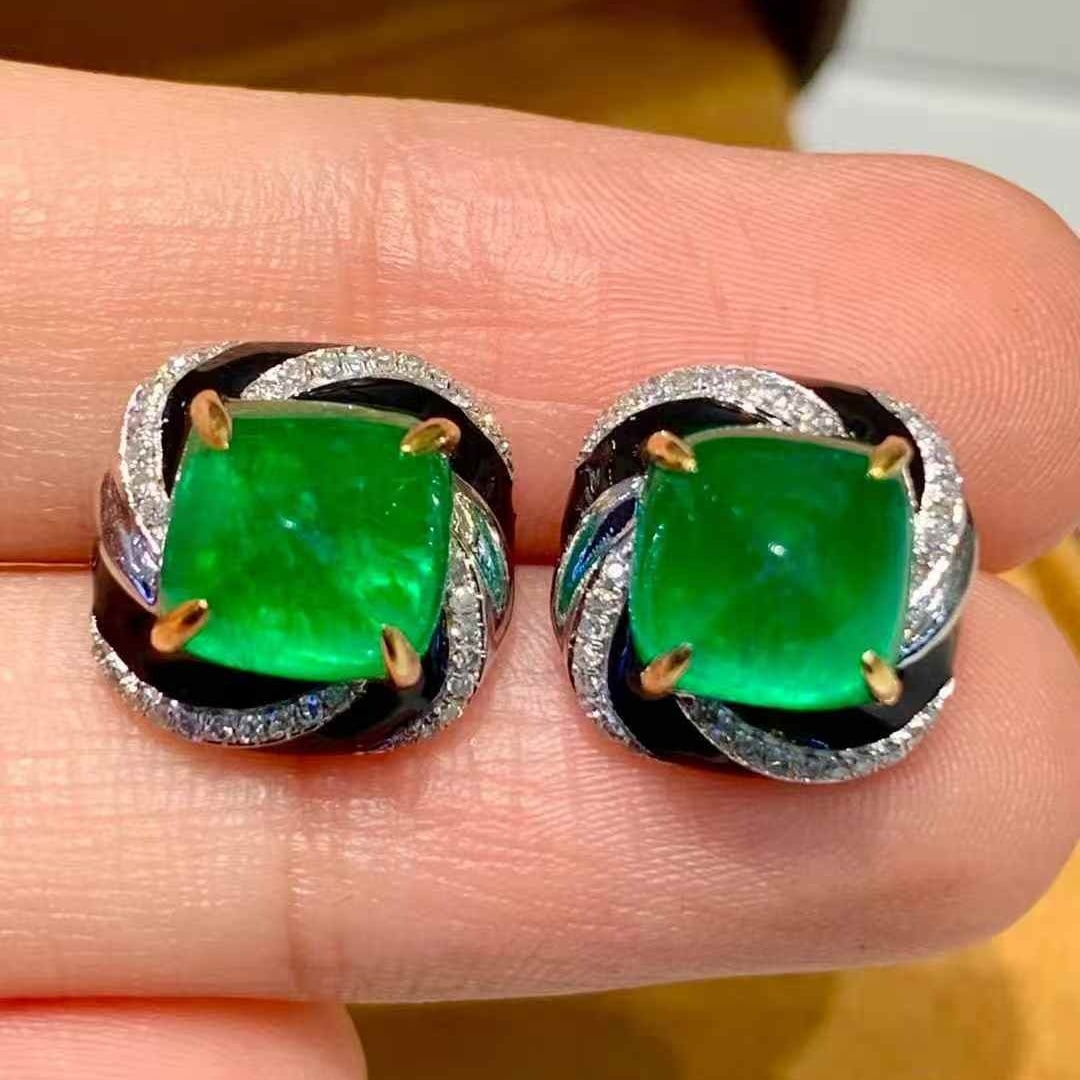 14k Gold 5.3 Ct Natural Emerald & Diamond Earrings - 2