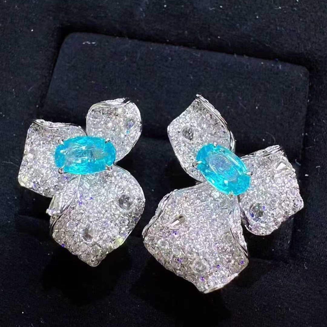 14k Gold 3.40 Ctw Natural Paraiba Tourmaline & Diamond Earrings - 2