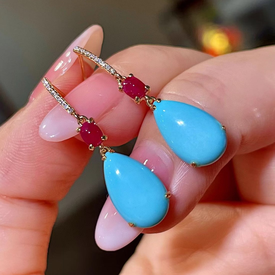 14k Gold 5.41 Ctw Natural Blue Turquoise & Ruby Earrings - 2