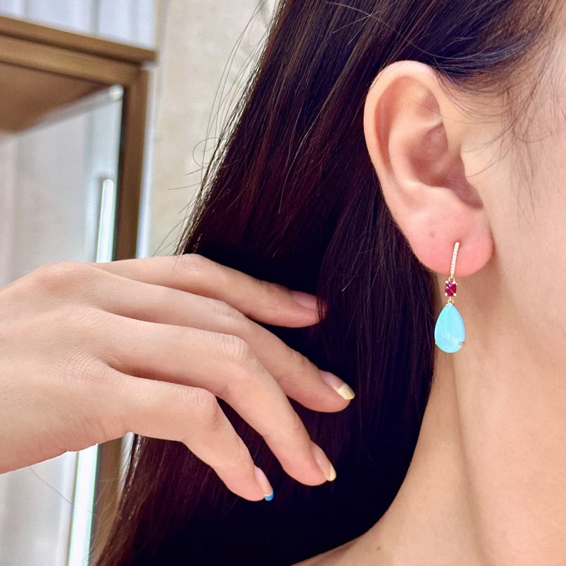 14k Gold 5.41 Ctw Natural Blue Turquoise & Ruby Earrings - 4