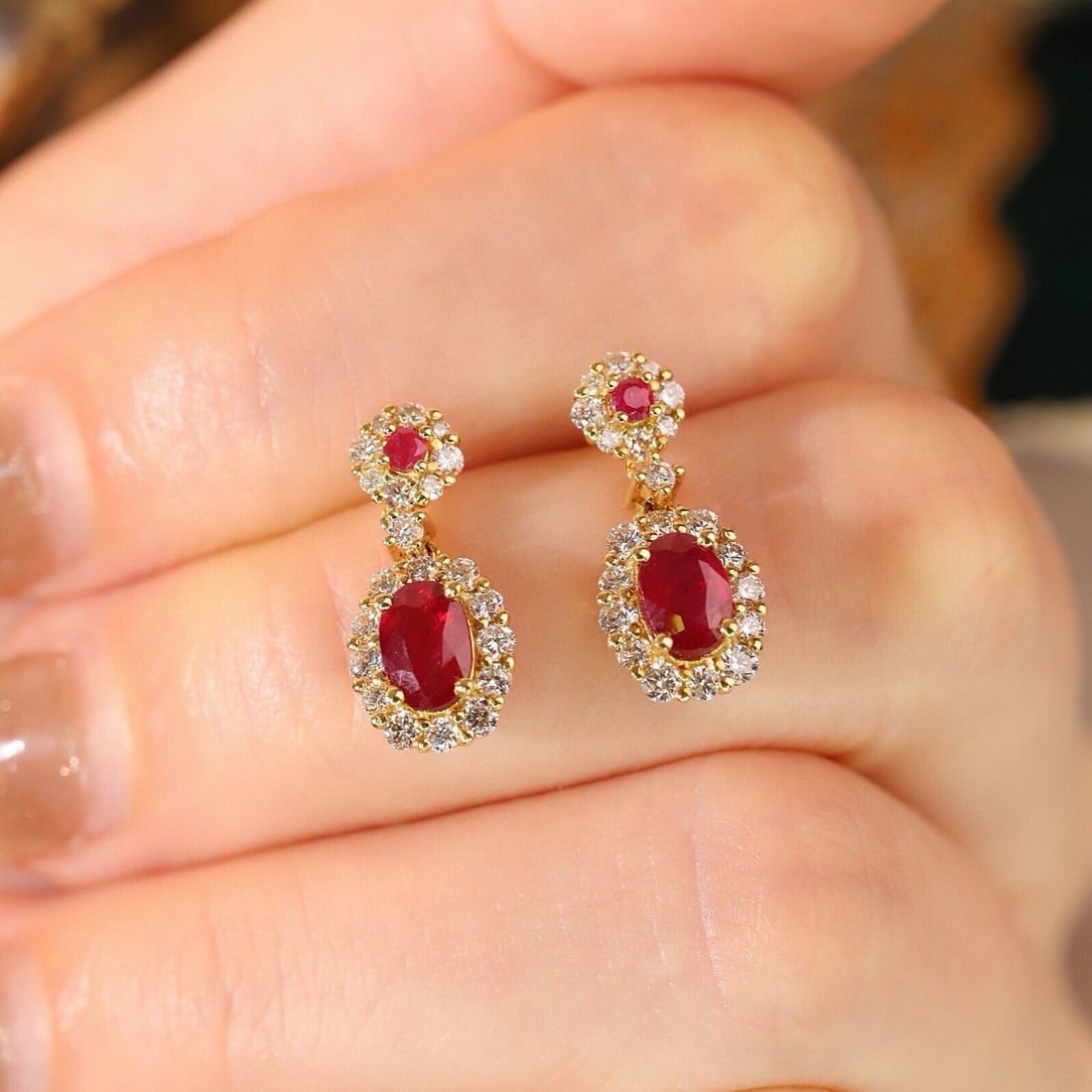 14k Gold 1.92 Ctw Natural Ruby & Diamond Earrings - 4