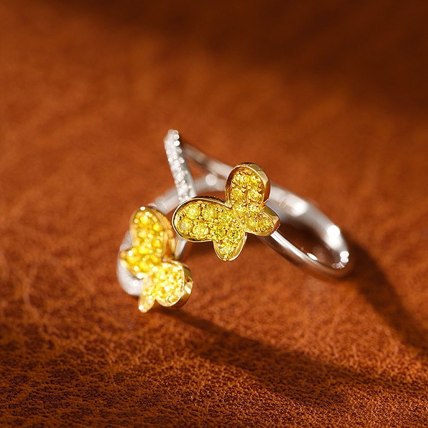 14k Gold 0.40 Ct Natural Color Diamond & Butterfly Ring - 2