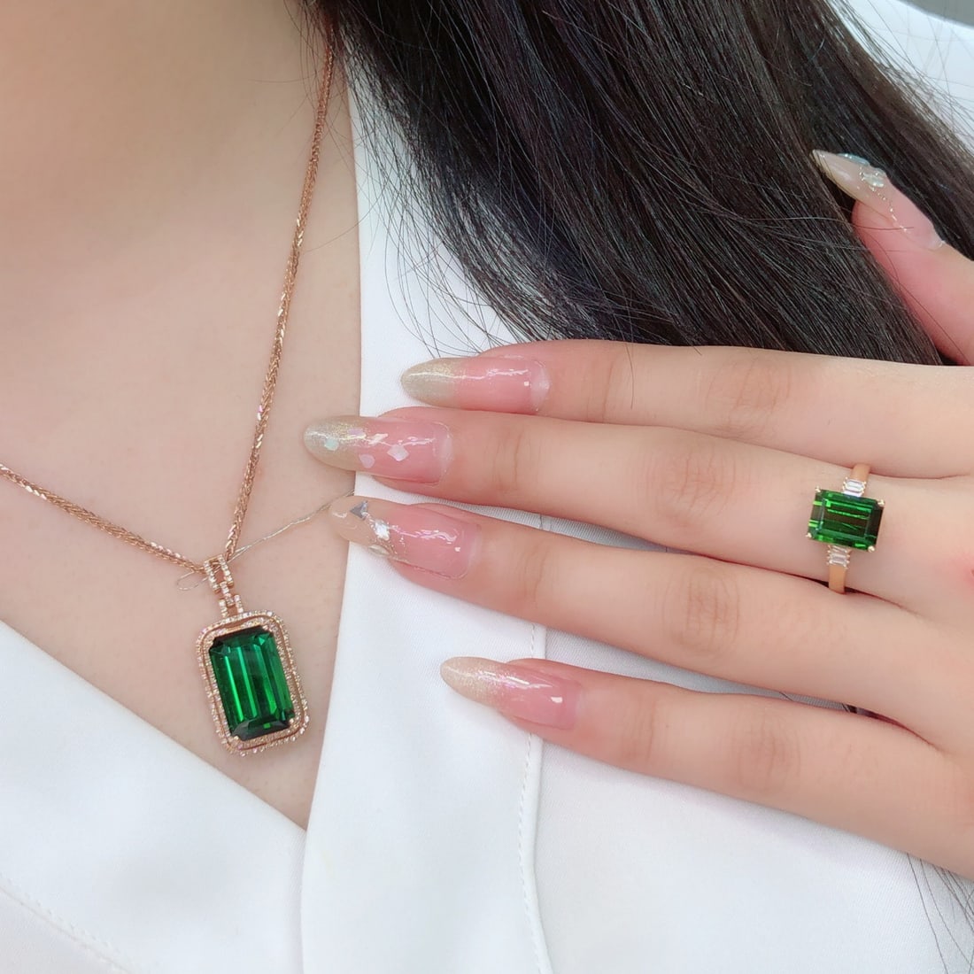 14k Gold 13.99 Ct Natural Tourmaline & Diamond Jewelry Set - 7