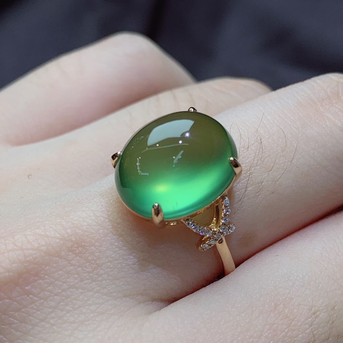 14k Gold 10.23 Ct Natural Prehnite & Diamond Ring - 5