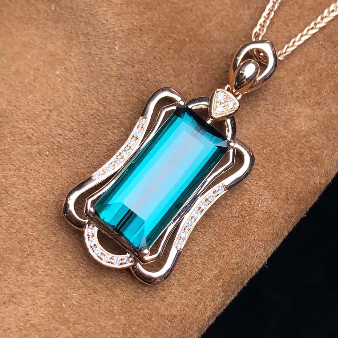 14k Gold 3.85 Ct Natural Tourmaline & Diamond Pendant( Without Chain ) - 2