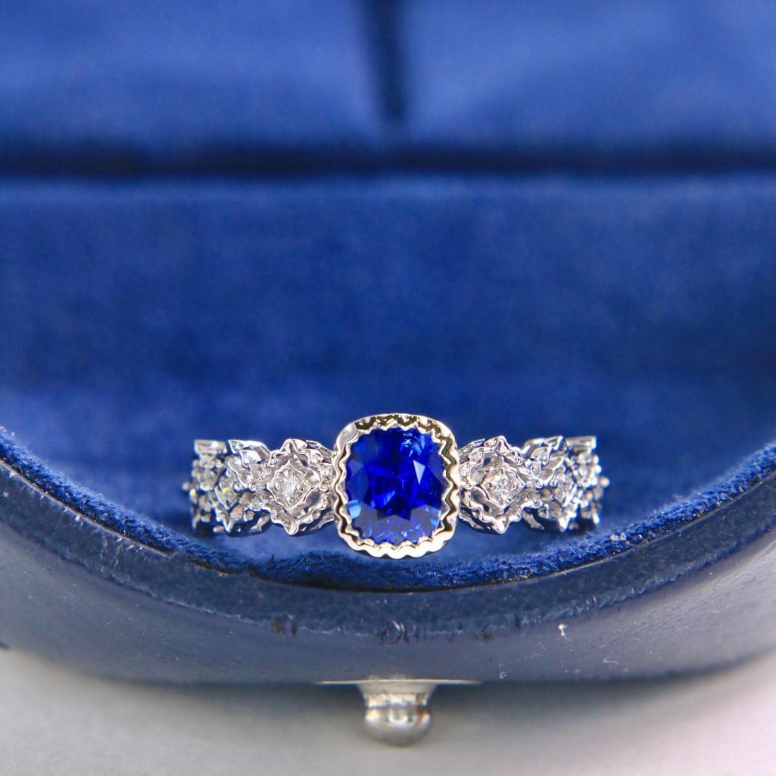14k Gold 1.05 Ctw Natural Sapphire & Diamond Ring: Ref:231110040 // gold content:14k gold // ring size:7. 25us // // main gemstone:sapphire // shape:cushion // carat weight:1. 01ct // color:royal blue // treatment:natural // // adjacent gemstone 2