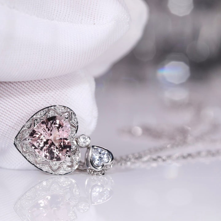 14k Gold 0.89 Ct Natural Morganite & Diamond & Sapphire Necklace - 4