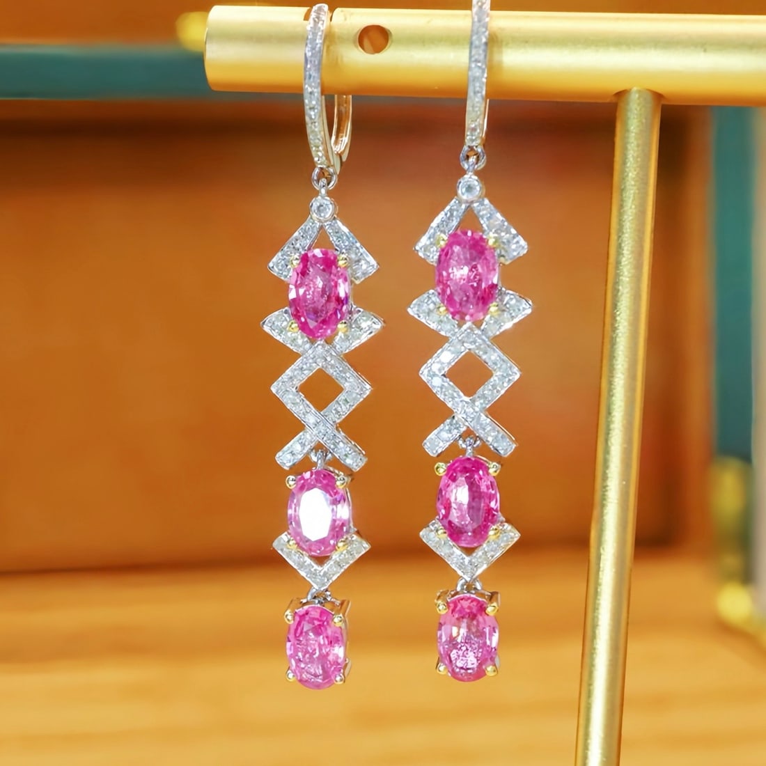 14k Gold 3.43 Ctw Natural Padparadscha Sapphire & Diamond Earrings - 2