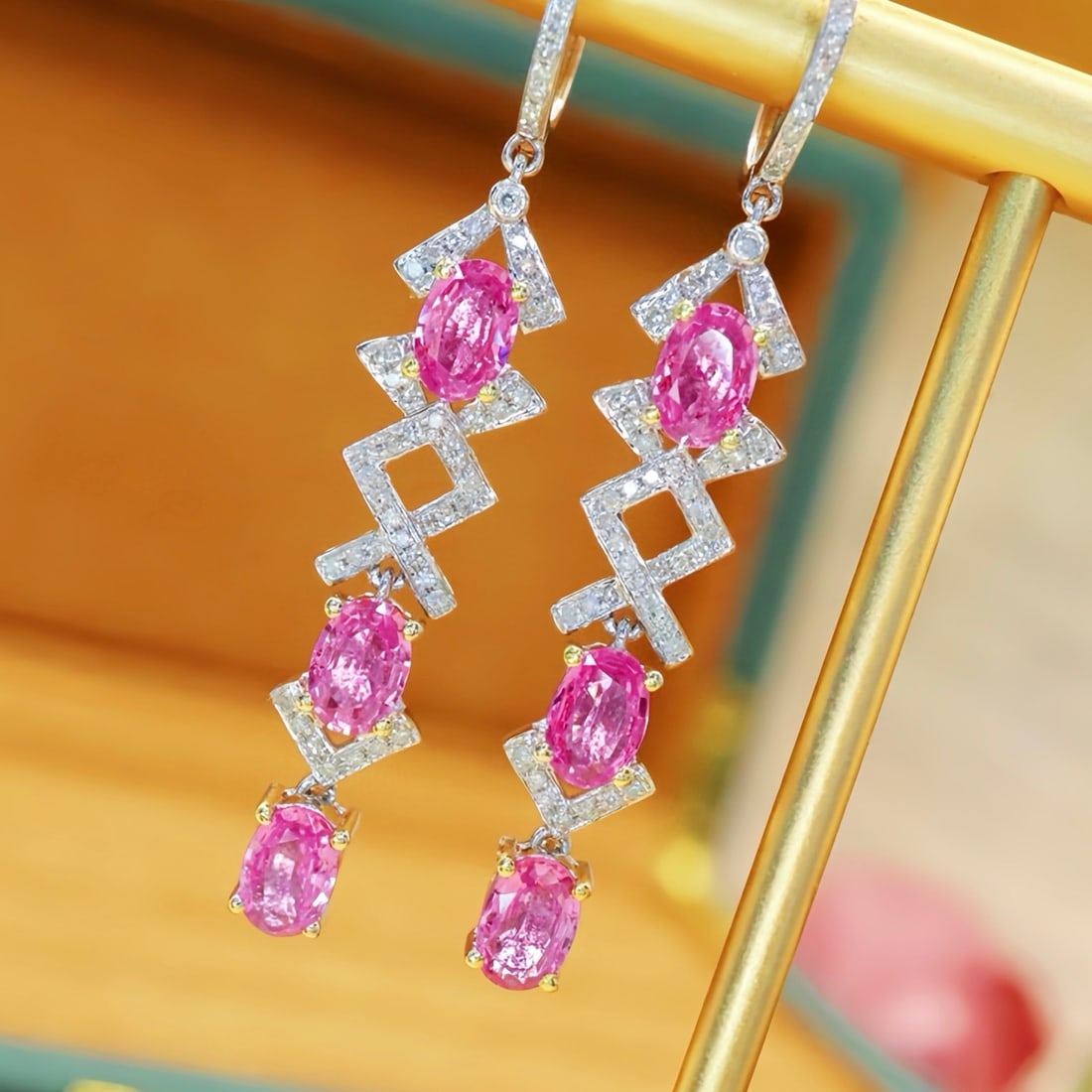 14k Gold 3.43 Ctw Natural Padparadscha Sapphire & Diamond Earrings - 3