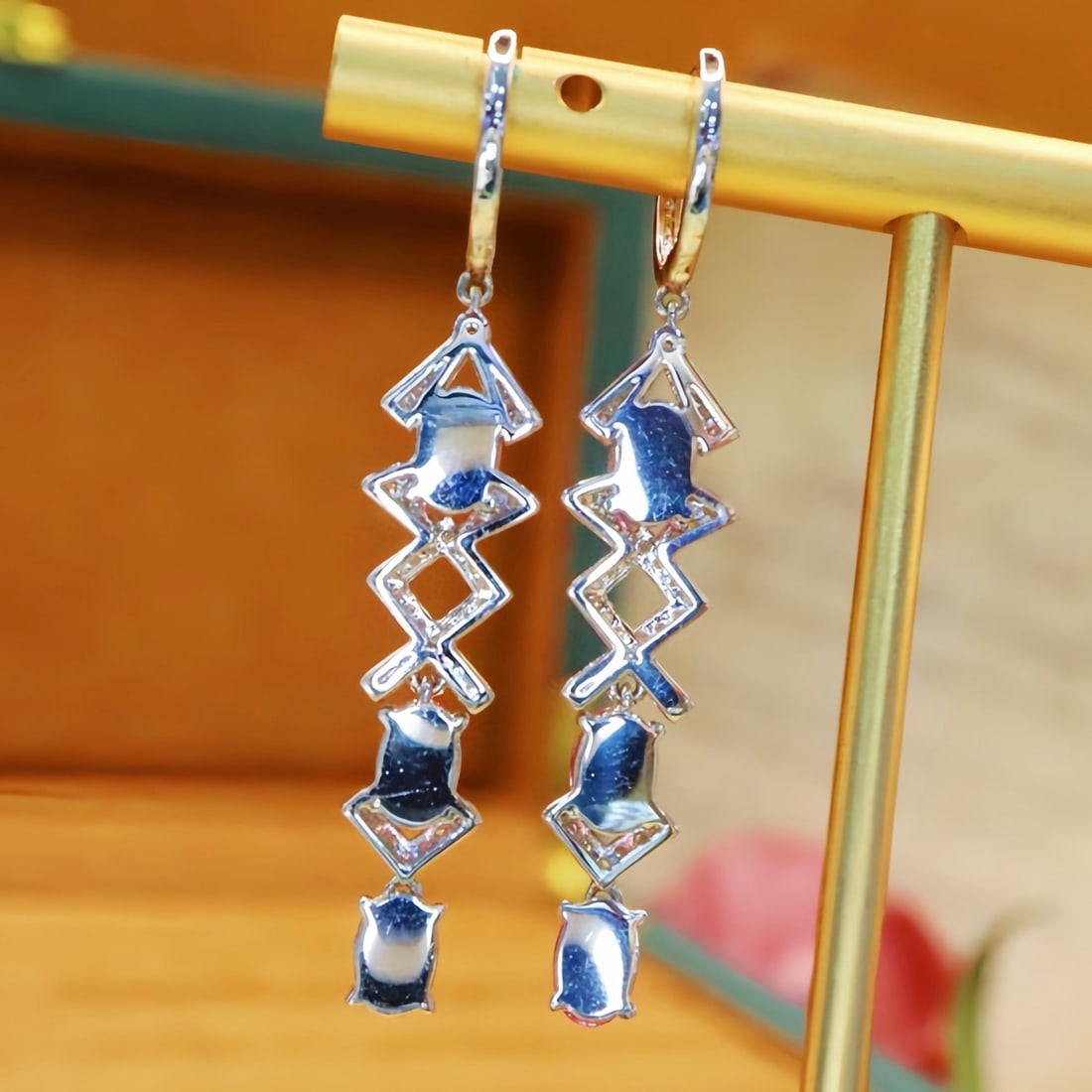 14k Gold 3.43 Ctw Natural Padparadscha Sapphire & Diamond Earrings - 4