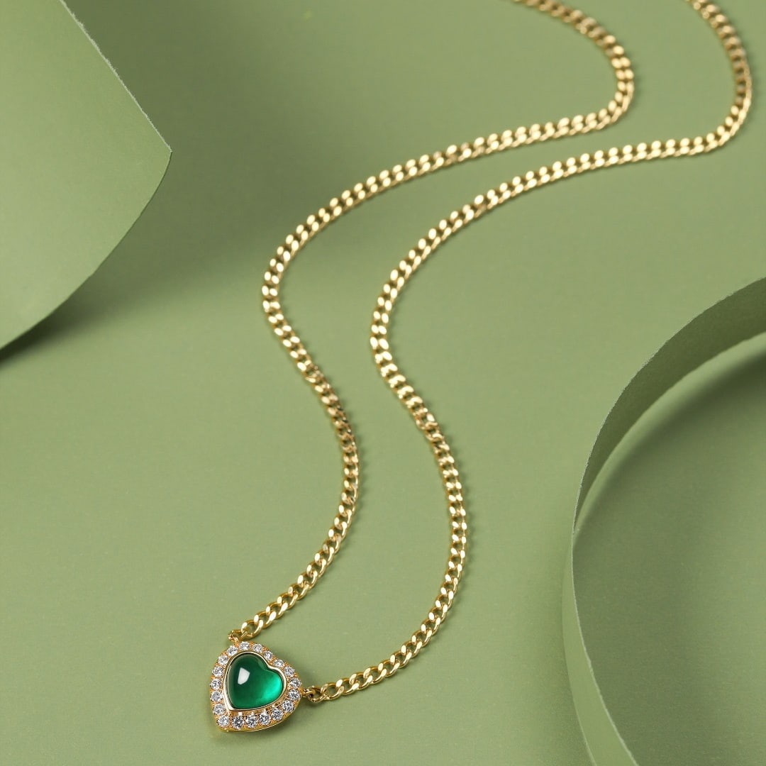 14k Gold 0.95 Ctw Vivid Green Natural Emerald & Diamond Necklace - 2