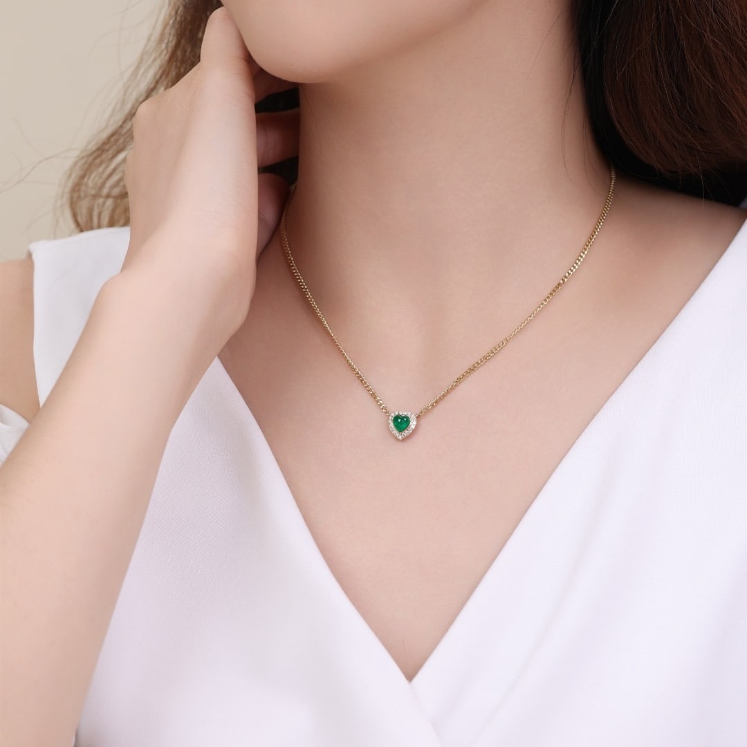 14k Gold 0.95 Ctw Vivid Green Natural Emerald & Diamond Necklace - 7