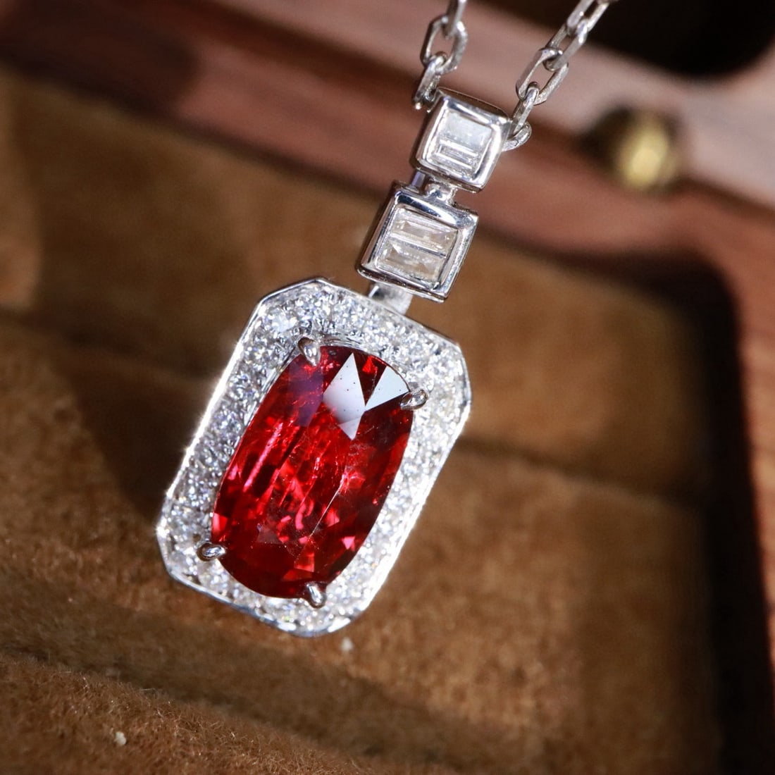14k Gold 1.20 Ctw Natural Ruby & Diamond Pendant( Without Chain ): Ref:231110130 // gold content:14k gold // main gemstone:ruby // shape:cushion // carat weight:1. 06ct // color:pigeonblood red // treatment:natural // // adjacent gemstone 2 : diamond // shape:round /