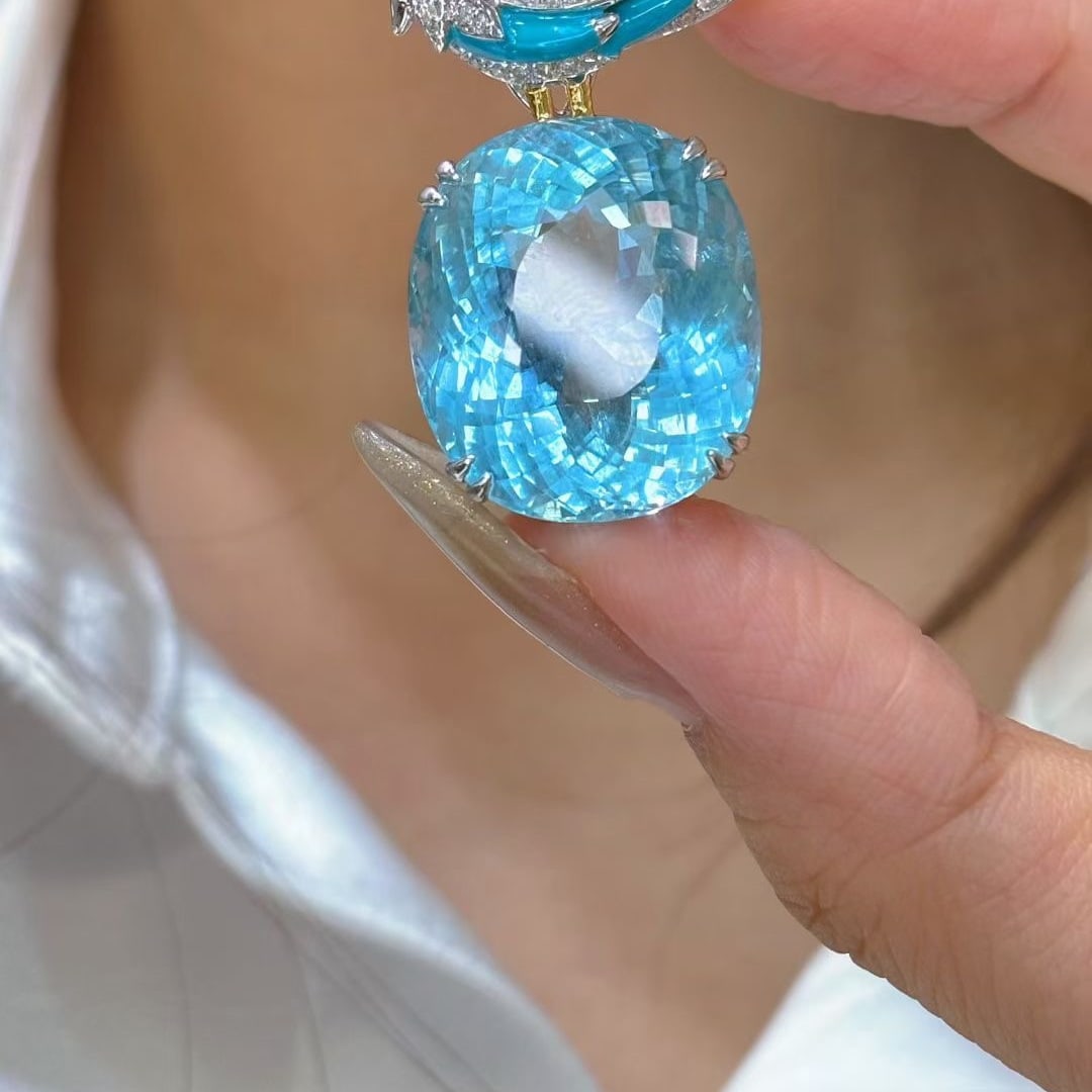 14k Gold 26.8 Ct Natural Aquamarine & Diamond Brooch/pendant( Without Chain ) - 2