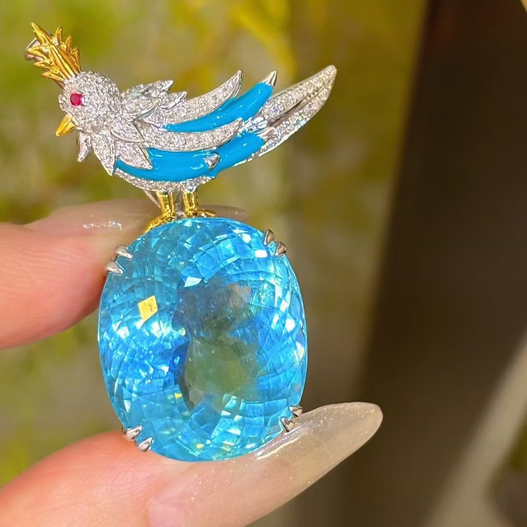 14k Gold 26.8 Ct Natural Aquamarine & Diamond Brooch/pendant( Without Chain ) - 8