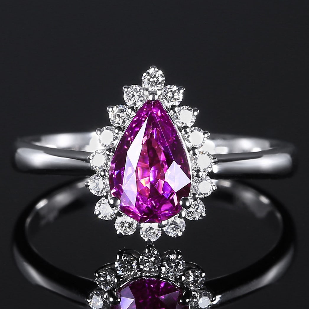 14k Gold 1.44 Ctw Natural Sapphire & Diamond Ring: Ref:231110233 // gold content:14k gold // ring size:7. 25us // // main gemstone:sapphire // shape:pear // carat weight:1. 20ct // color:purple // treatment:natural // // adjacent gemstone 2 : diamond