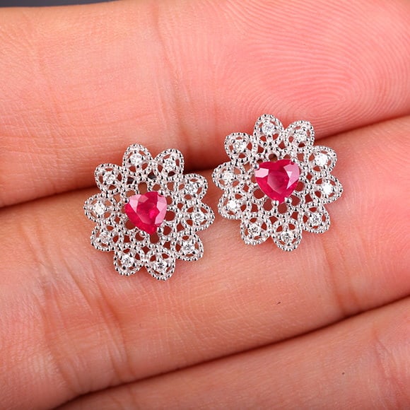 14k Gold 0.76 Ctw Natural Ruby & Diamond Earrings - 6