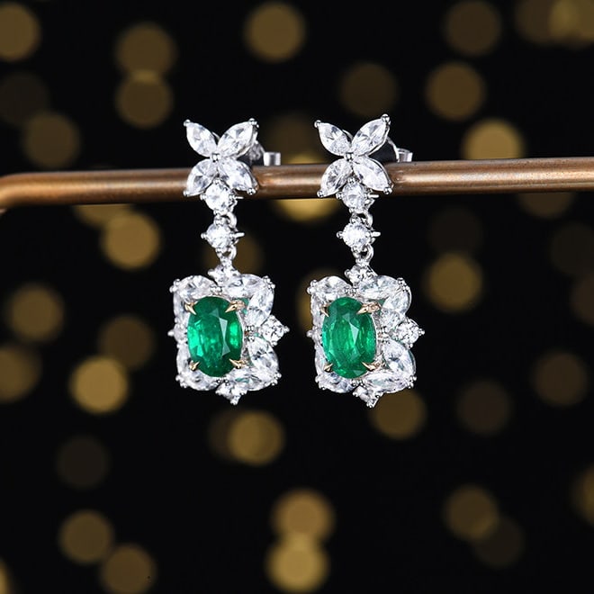 14k Gold 3.93 Ctw Vivid Green Natural Emerald & Sapphire Earrings - 2