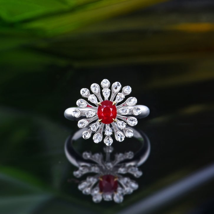 14k Gold 1.03 Ctw Natural Ruby & Diamond Ring: Ref:231110251 // gold content:14k gold // ring size:7. 25us // // main gemstone:ruby // shape:oval // carat weight:0. 64ct // color:pigeonblood red // treatment:natural // // adjacent gemstone 2 :