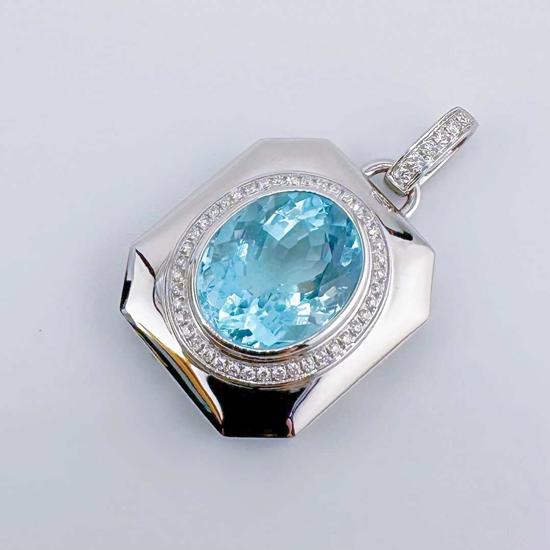 14k Gold 7.67 Ctw Natural Aquamarine & Diamond Pendant( Without Chain ) - 3