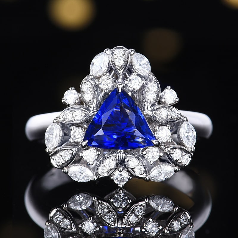 14k Gold 1.62 Ctw Natural Sapphire & Diamond Ring/pendant( Without Chain ): Ref:231110284 // gold content:14k gold // ring size:7. 25us // // main gemstone:sapphire // shape:triangle // carat weight:1. 07ct // color:cornflower blue // treatment:natural // // adjacent