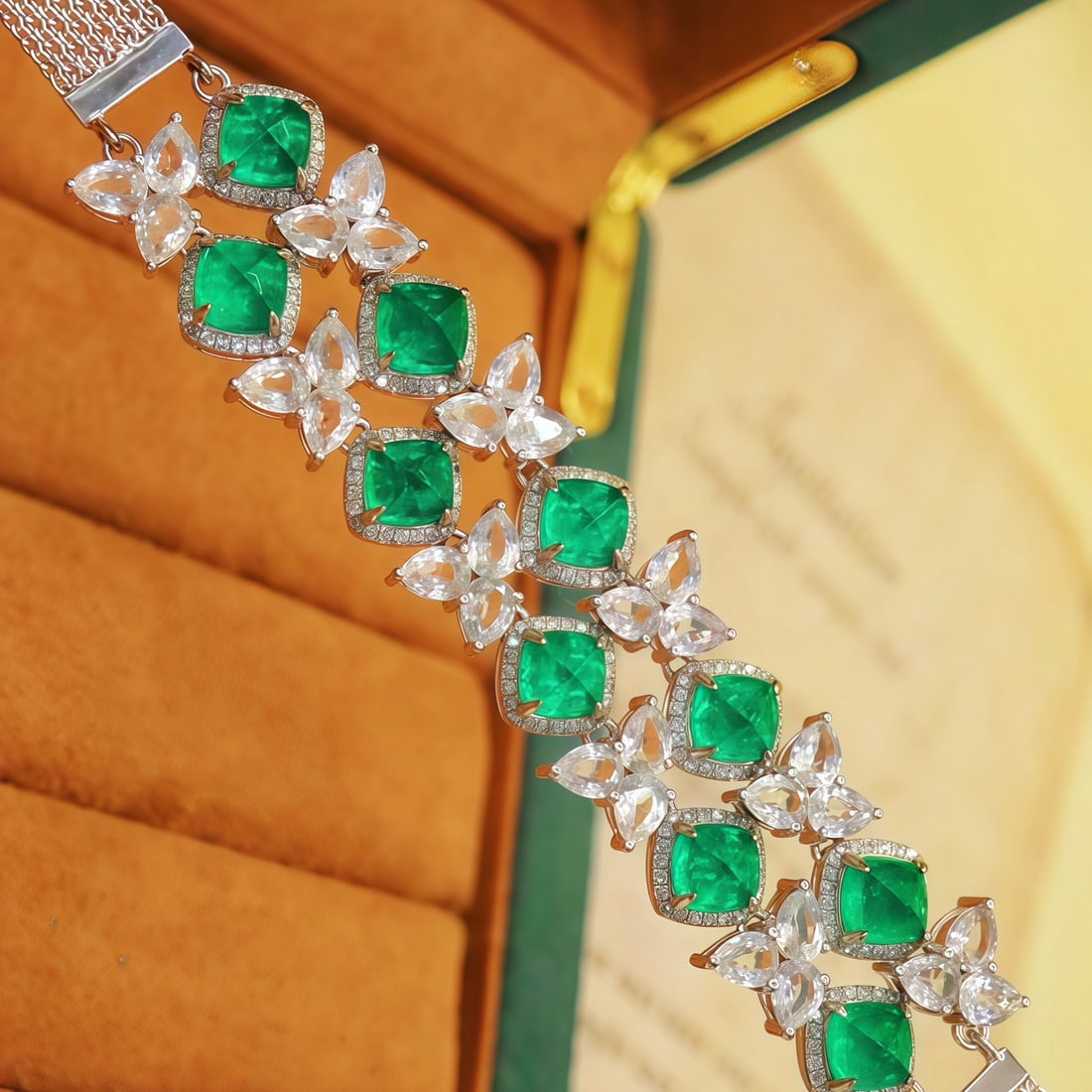 14k Gold 13.05 Ctw Vivid Green Natural Emerald & Sapphire Bracelet - 3