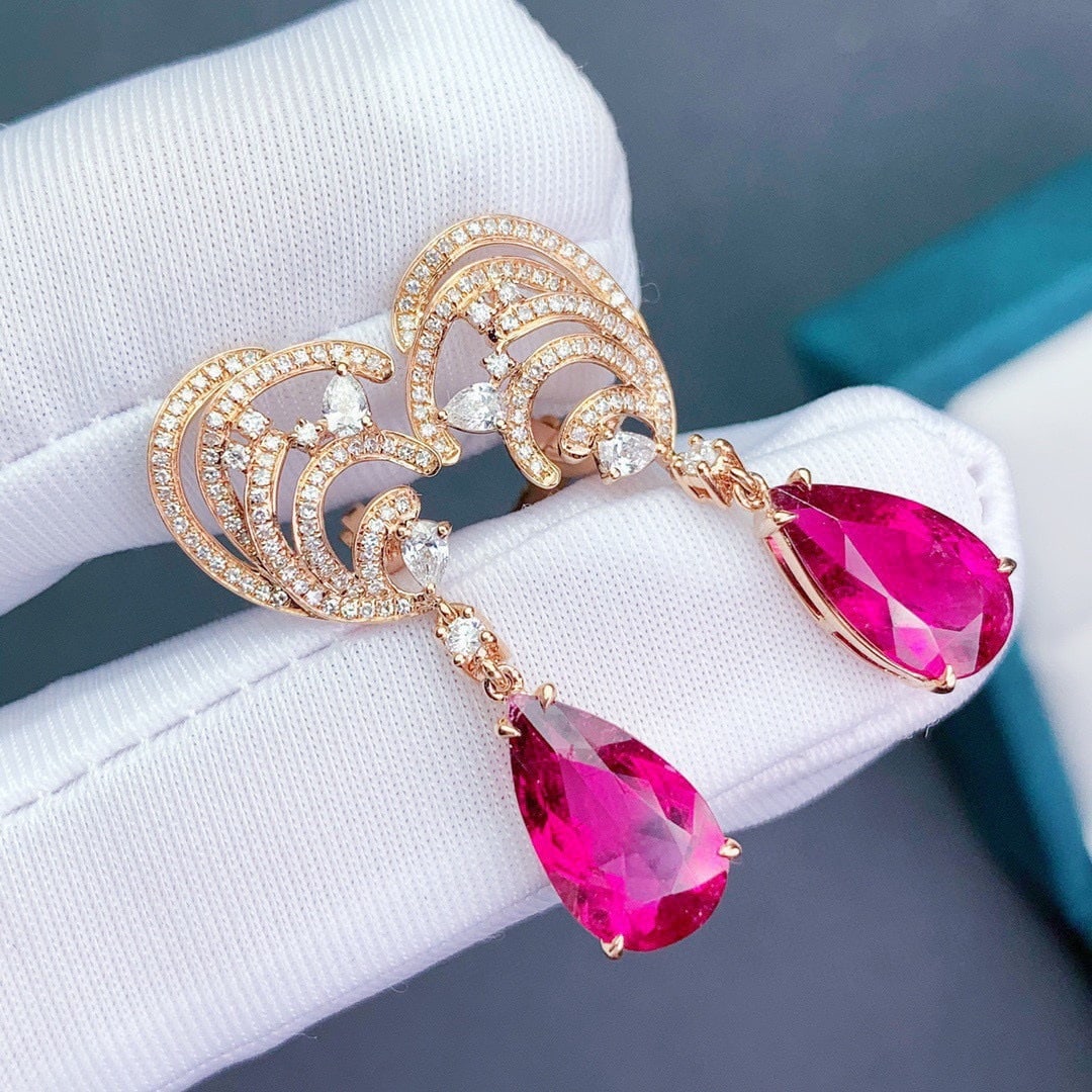 14k Gold 6.6 Ct Natural Tourmaline & Diamond Earrings - 2