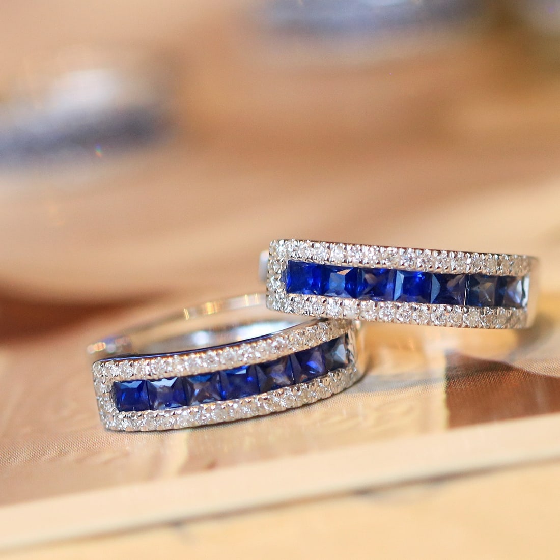 14k Gold 0.92 Ctw Natural Sapphire & Diamond Earrings: Ref:231110296 // gold content:14k gold // main gemstone:sapphire // shape:princess // carat weight:0. 7ct // color:royal blue // treatment:natural // // adjacent gemstone 2 : diamond // shape:round