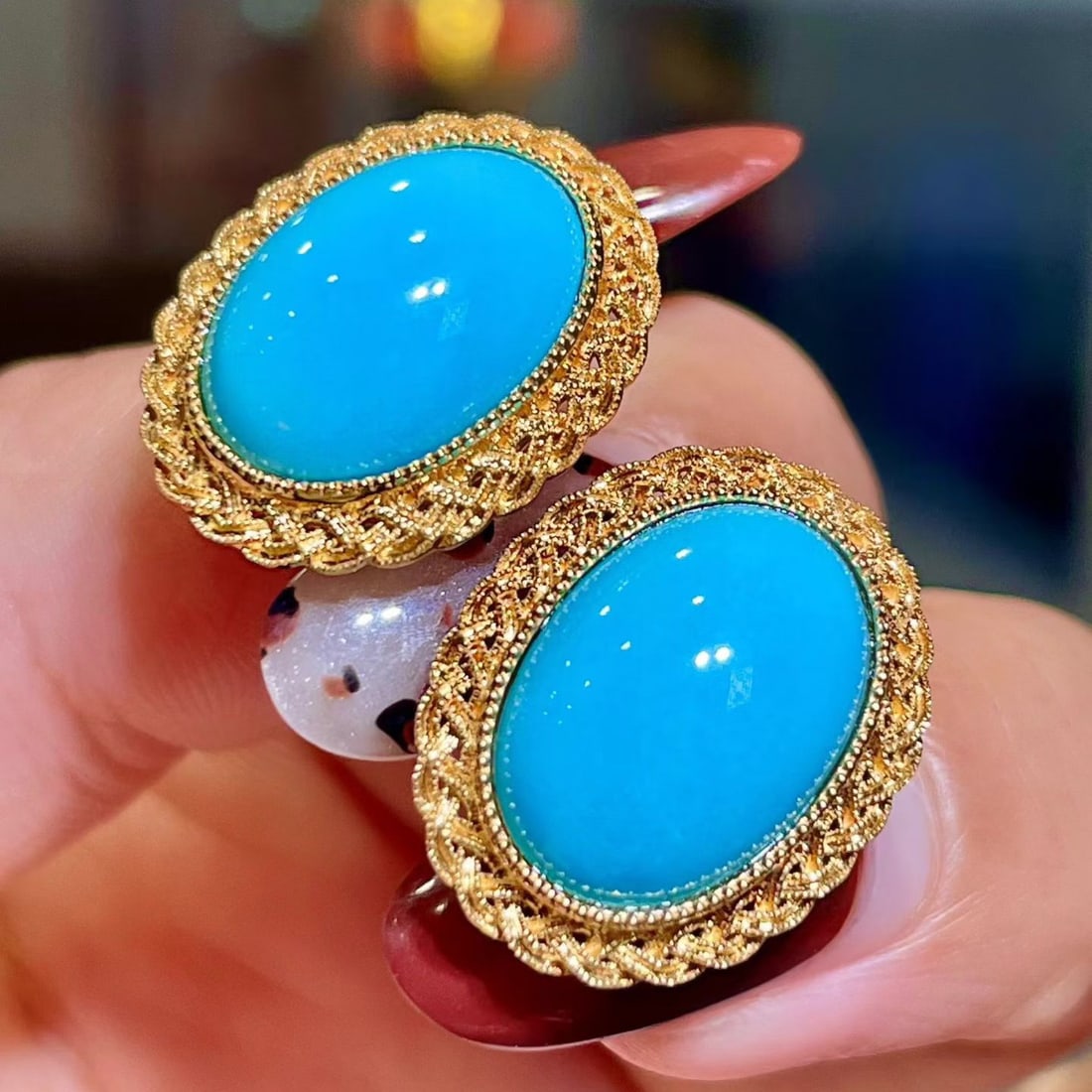 14k Gold 8.86 Ct Natural Blue Turquoise Earrings - 3