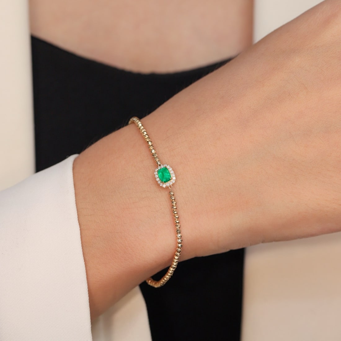 14k Gold 0.52 Ctw Vivid Green Natural Emerald & Diamond Bracelet - 2