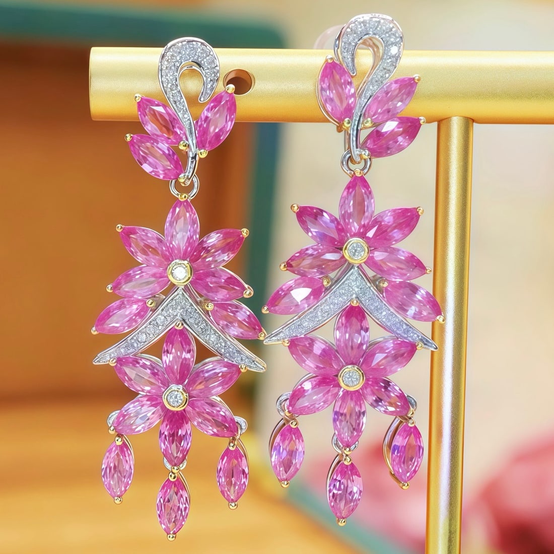 14k Gold 7.83 Ctw Natural Sapphire & Diamond Earrings: Ref:231110306 // gold content:14k gold // main gemstone:sapphire // shape:marquise // carat weight:7. 65ct // color:pink // treatment:natural // // adjacent gemstone 2 : diamond // number of