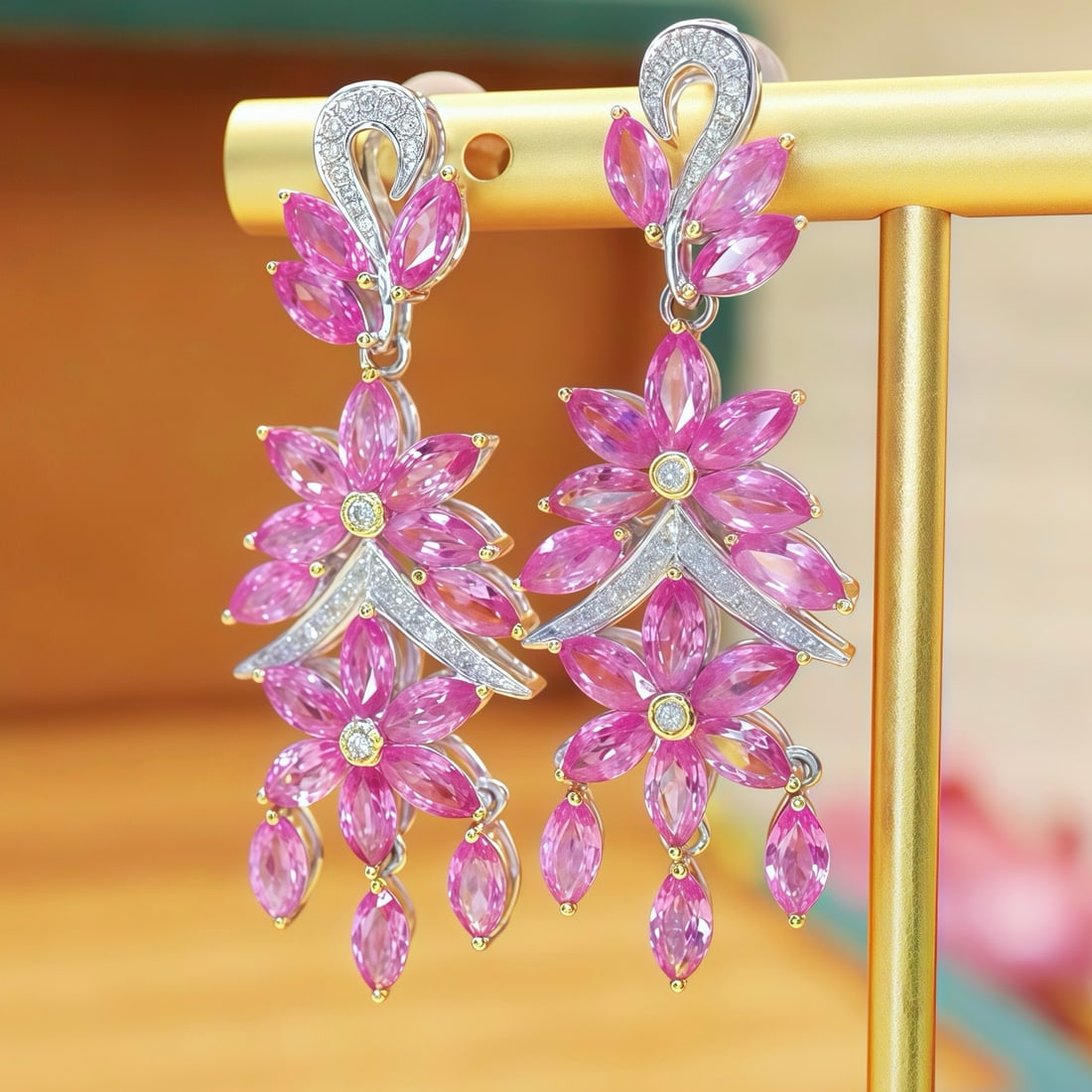 14k Gold 7.83 Ctw Natural Sapphire & Diamond Earrings - 2